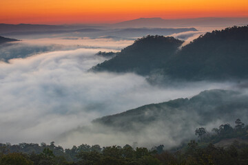 Phu Pha Nong, Landscape sea of mist  in border  of  Thailand and Laos, Loei  province Thailand.