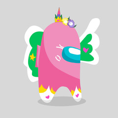 Happy cool cartoon pink monster. pink vector monster character