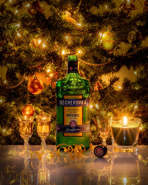 Bottle of Becherovka liquor - Czech herbal liqueur, produced in Karlovy Vary. The fortress is 38%.
