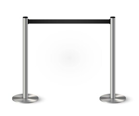 Belt barrier with stanchions and black rope. Security control metal pole posts vector illustration. Airport entry rails, zone chrome dividers, vip barricade on white background