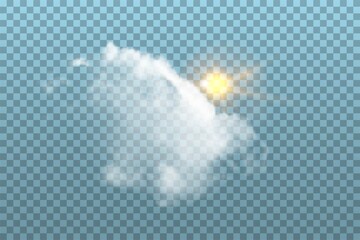 Cloud with sun in sky on blue transparent background. Realistic fluffy white object and sunshine vector illustration. Sunny and cloudy day in summer or spring, nature outdoor