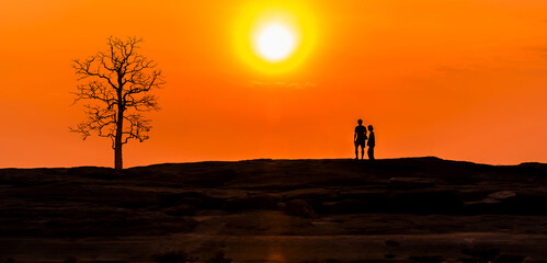 Naklejka premium Amazing sunset and sunrise.Panorama silhouette tree in africa with sunset.
