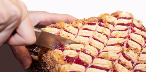 girl cuts the cake with a knife