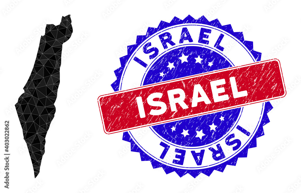 Poster israel map polygonal mesh with filled triangles, and textured bicolor stamp seal. triangle mosaic is
