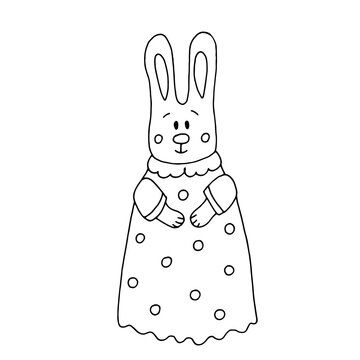 Easter bunny black and white drawing. Isolated image on white background. Coloring page.