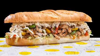 Sandwich with meat and vegetables on black bacground