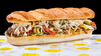 Sandwich with meat and vegetables on black bacground