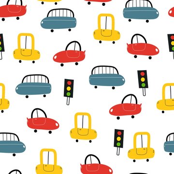 seamless pattern with cartoon cars, decor elements. Colorful vector flat style for kids. hand drawing. baby design for fabric, print, wrapper, textile