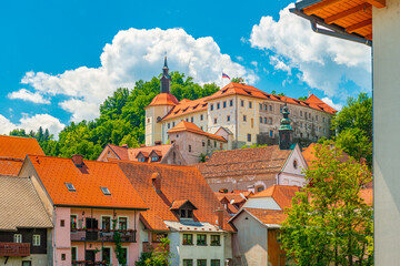 Picturesque cityscape of Skofja Loka, a small historic town in Slovenia
