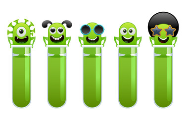 Cartoon Virus mutation set with lab test tube.Vector illustration.