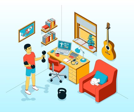 Home exercise with dumbbell. Workout in home workplace. Vector isometric illustration.
