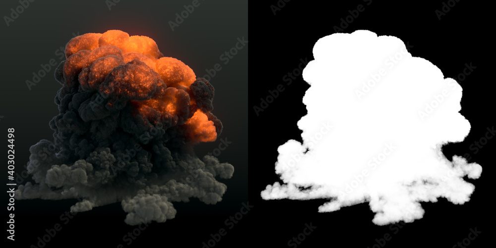 Poster Highly realistic fire explosions with dark smoke and alpha matte 3d rendering