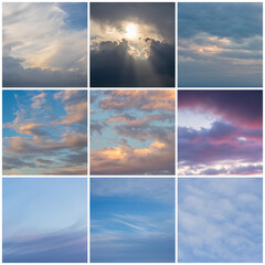 Collection of sky backgrounds. Set includes daytime sky and beautiful clouds at sunset.