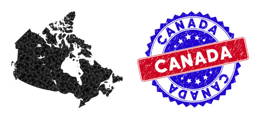 Obraz premium Canada map polygonal mesh with filled triangles, and scratched bicolor stamp seal. Triangle mosaic Canada map with triangular vector model, triangles have various sizes, and positions,