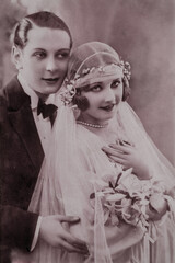 Germany - CIRCA 1920s: Vintage wedding art deco era photo. Shot of just married couple portrait in studio