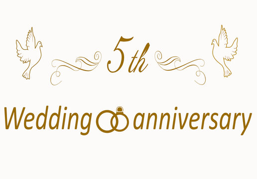 5th wedding anniversary. Originally beautiful illustration on isolated white background.Text gold pattern. Wooden wedding. For postcards, invitations, congratulations
