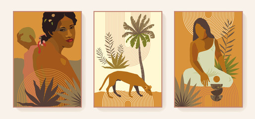 Boho triptych exotic feminine wall art prints