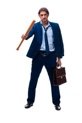 Young male employee holding baseball bat isolated on white