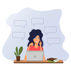 freelancer girl with speech bubbles, laptop, workplace
