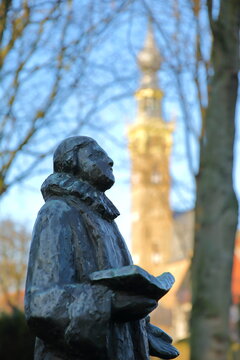 Statue Of Dutch Poet And Composer Adrian Valerius (1575, 1625), Unveiled In 1979 (sculptor Mari Andriessen), Located On Kerkstraat In Veere, Zeeland, Netherlands