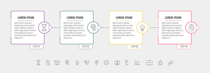 Square vector line infographic with four steps, circles. Rectangular timeline used for diagram, chart, web, banner, workflow layout, flowchart, info graph, content, levels, chart, processes diagram