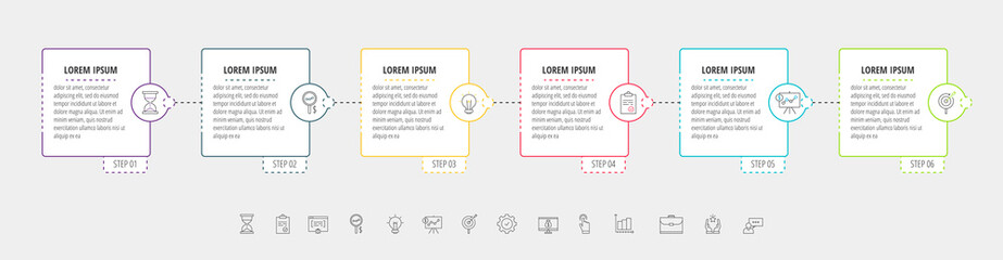 Square vector line infographic with six steps, circles. Rectangular timeline used for diagram, chart, web, presentations, flowchart, info graph, content, levels, chart, processes diagram