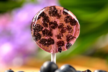 Homemade lollipops made from natural dehydrated bilberry on a white wooden background. Healthy vegan vegetarian food with no sweets.