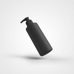 Mockup of black matte bottle with trigger for cream, soap, gel, container with pump isolated on white background.