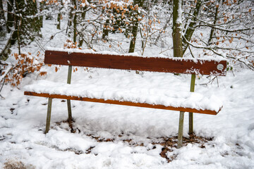 bench in the snow in the park