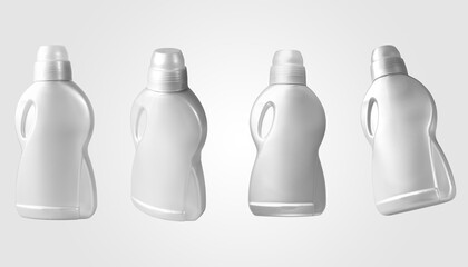Mockup of plastic white bottle for liquid detergent, tall container for powder, isolated on background.