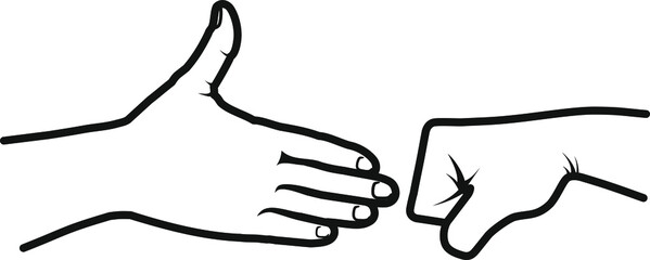 Two male hands, one of which holds out a palm as a greeting and the other a clenched fist