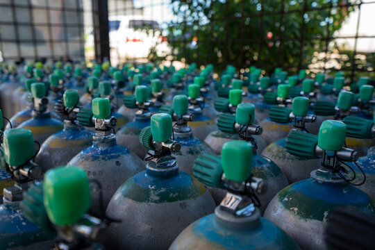 Scuba air tanks in a adiving center in Bonaire Caribbean sea