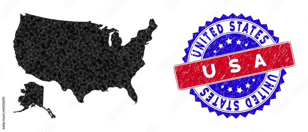 Poster usa with alaska map polygonal mesh with filled triangles, and rough bicolor stamp print. triangle mo