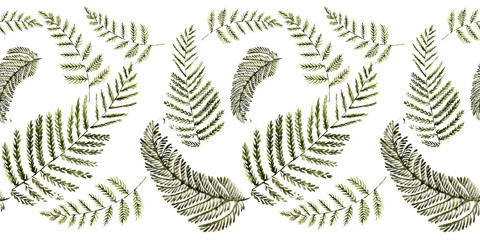 Watercolor seamless border with stylized fern leaves