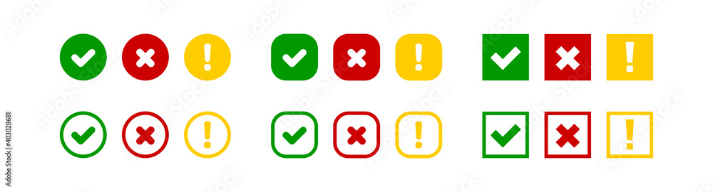 Poster check cross and exclamation mark big set vector icon. red green and yellow isolated square and circl