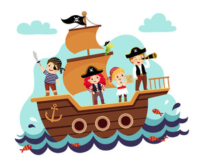 Fototapeta premium Vector illustration cartoon of kids pirates on the ship at the sea.