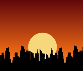Fototapeta premium Setting sun over city skyscrapers. Silhouettes black panoramic cityscape on dark orange vector sunset background.