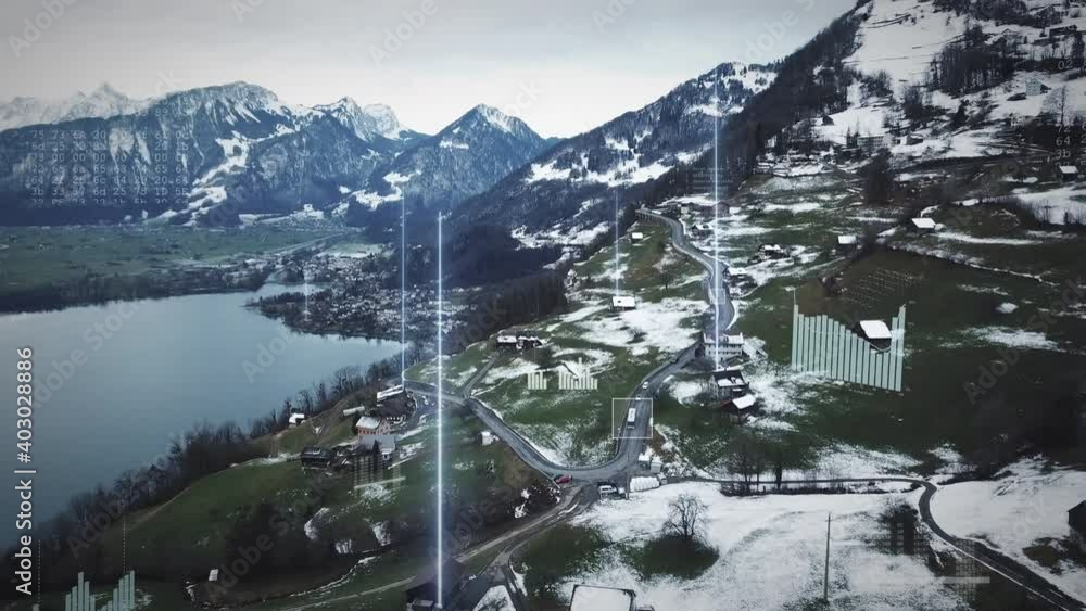 Poster mountain village on digital 5g network with lines of code, graphic light columns and connections on 