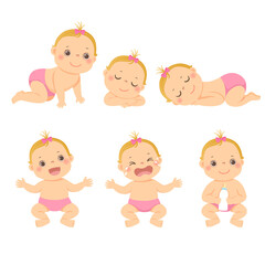Vector illustration cartoon set of cute little baby or toddler girl in different activity.