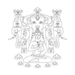 Meditating Buddha, with a medallion in the form of a wheel of samsara, hands show the gesture of Mudra Vitarka, against the background of the elephant Erawan. Anti-stress coloring pages..