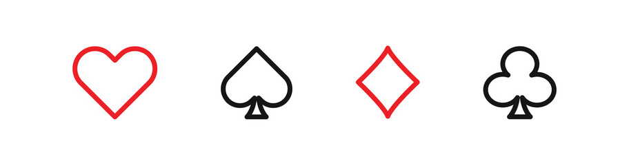 Suit poker cards lines icons set on flat style, vector isolated