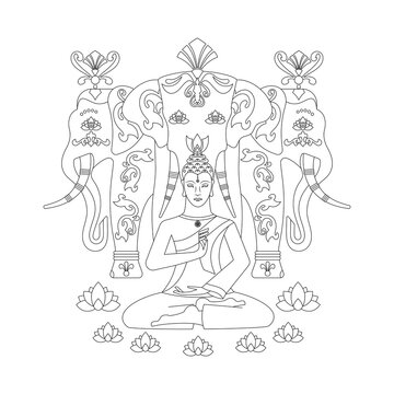 Meditating Buddha, with a medallion in the form of a wheel of samsara, hands show the gesture of Mudra Vitarka, against the background of the elephant Erawan. Anti-stress coloring pages..