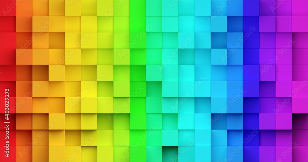 Poster background from randomly shifted rainbow or spectrum colored cubes, creativity or toy concept, flat 