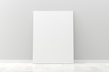 Empty picture frame canvas mock-up leaning against white wall in room with white wooden floor with copy space - portfolio, gallery or artwork template mock up