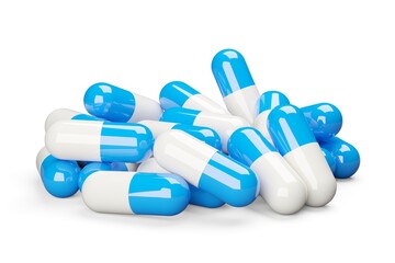 Blue and white pill capsules heap over white background, medical treatment, pharmaceutical or medication concept