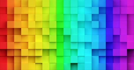 Background from randomly shifted rainbow or spectrum colored cubes, creativity or toy concept, flat lay top view from above