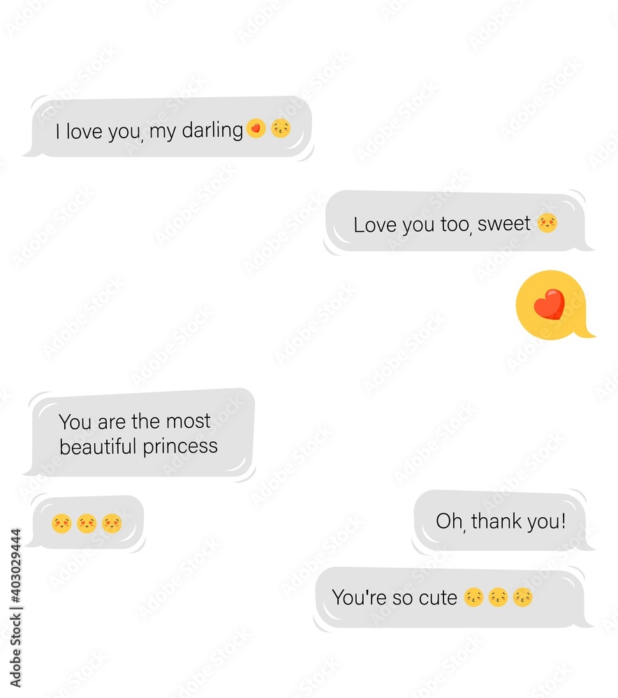 Poster love correspondence in online messenger. chatting between close users with compliments with emoticon