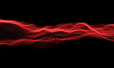 Abstract red particle background. Flow wave with dot landscape. Digital data structure. Future mesh or sound grid. Pattern point visualization. Technology vector illustration.