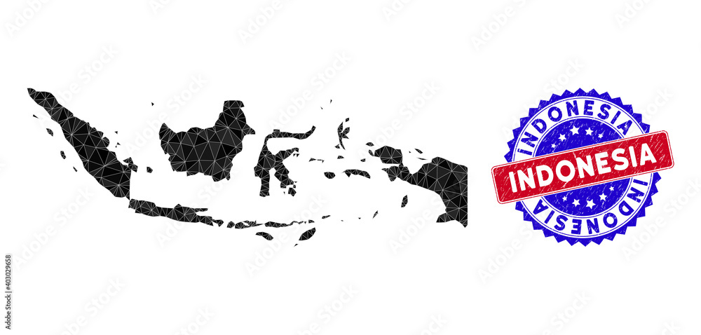 Poster indonesia map polygonal mesh with filled triangles, and textured bicolor stamp seal. triangle mosaic