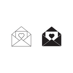 envelope with heart thin line and flet black icon on white background, happy valentine day set © Yulia
